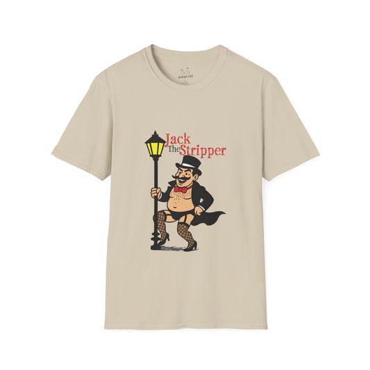 Illustration of Jack the Ripper pole dancing on a Victorian-style streetlamp, parody design titled "Jack the Stripper.