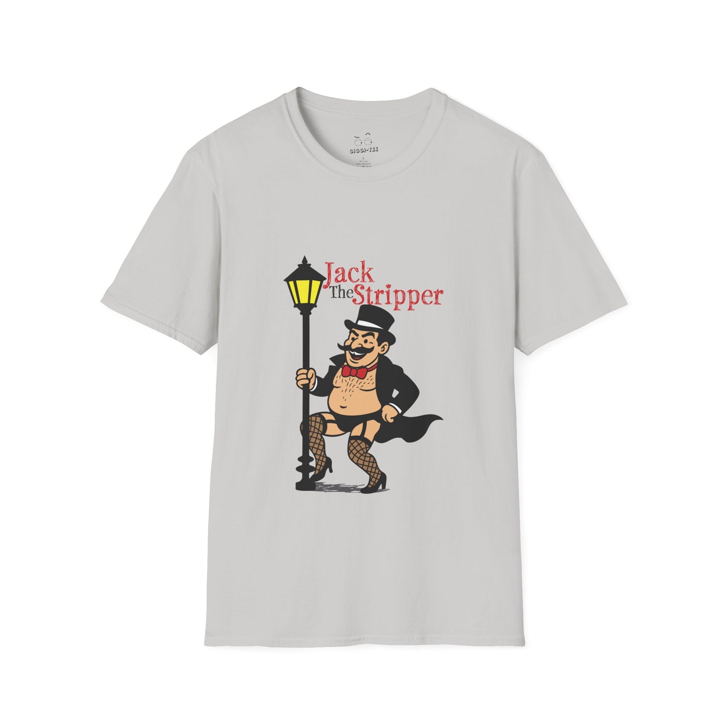 Illustration of Jack the Ripper pole dancing on a Victorian-style streetlamp, parody design titled "Jack the Stripper.