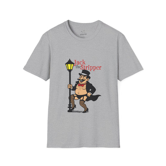 Funny shirt design featuring an Illustration of Jack the Ripper pole dancing on a Victorian-style streetlamp, parody design titled "Jack the Stripper.