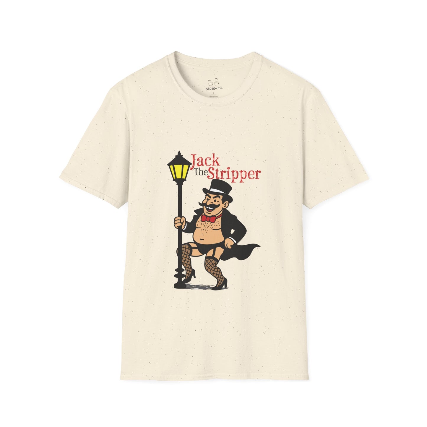 Illustration of Jack the Ripper pole dancing on a Victorian-style streetlamp, parody design titled "Jack the Stripper.