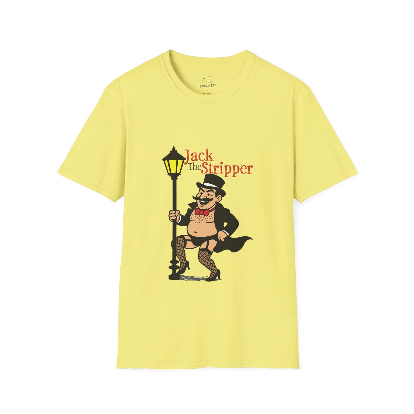 Illustration of Jack the Ripper pole dancing on a Victorian-style streetlamp, parody design titled "Jack the Stripper.