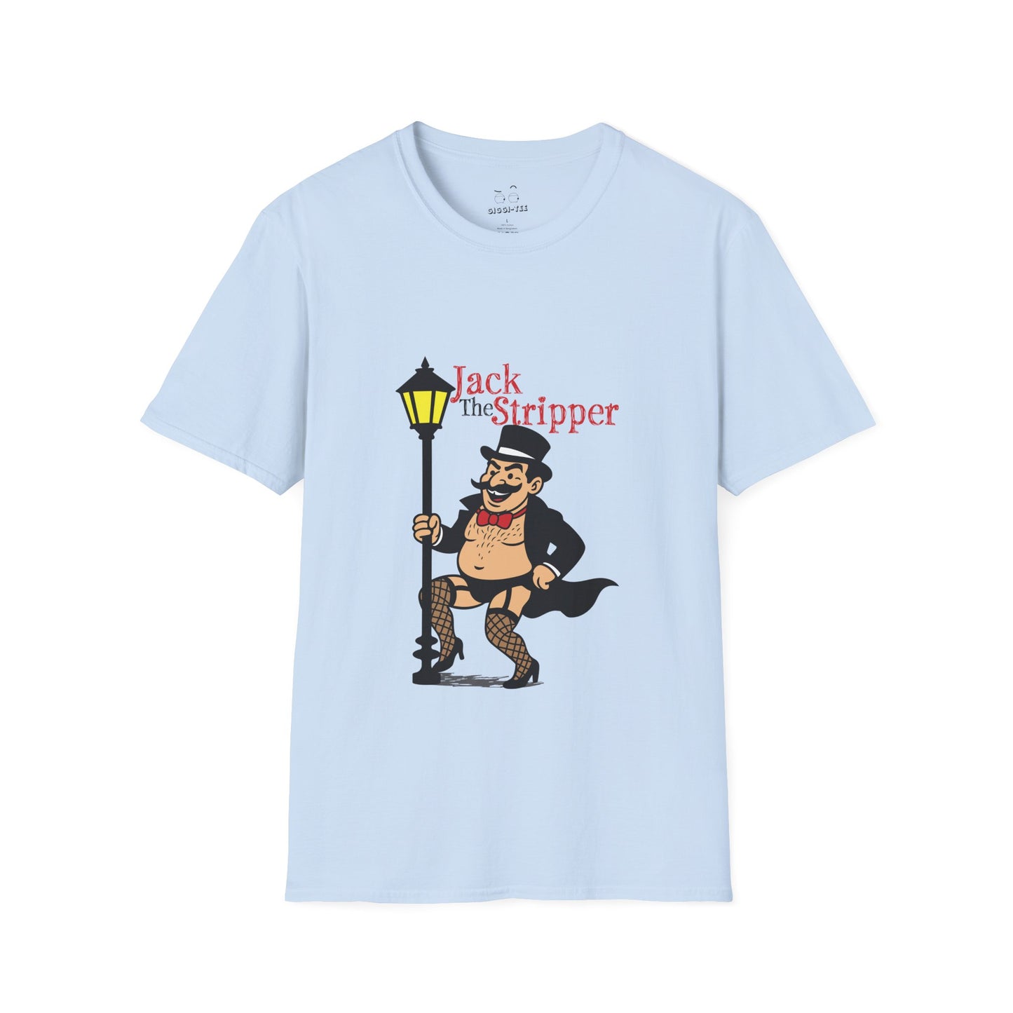 Illustration of Jack the Ripper pole dancing on a Victorian-style streetlamp, parody design titled "Jack the Stripper.