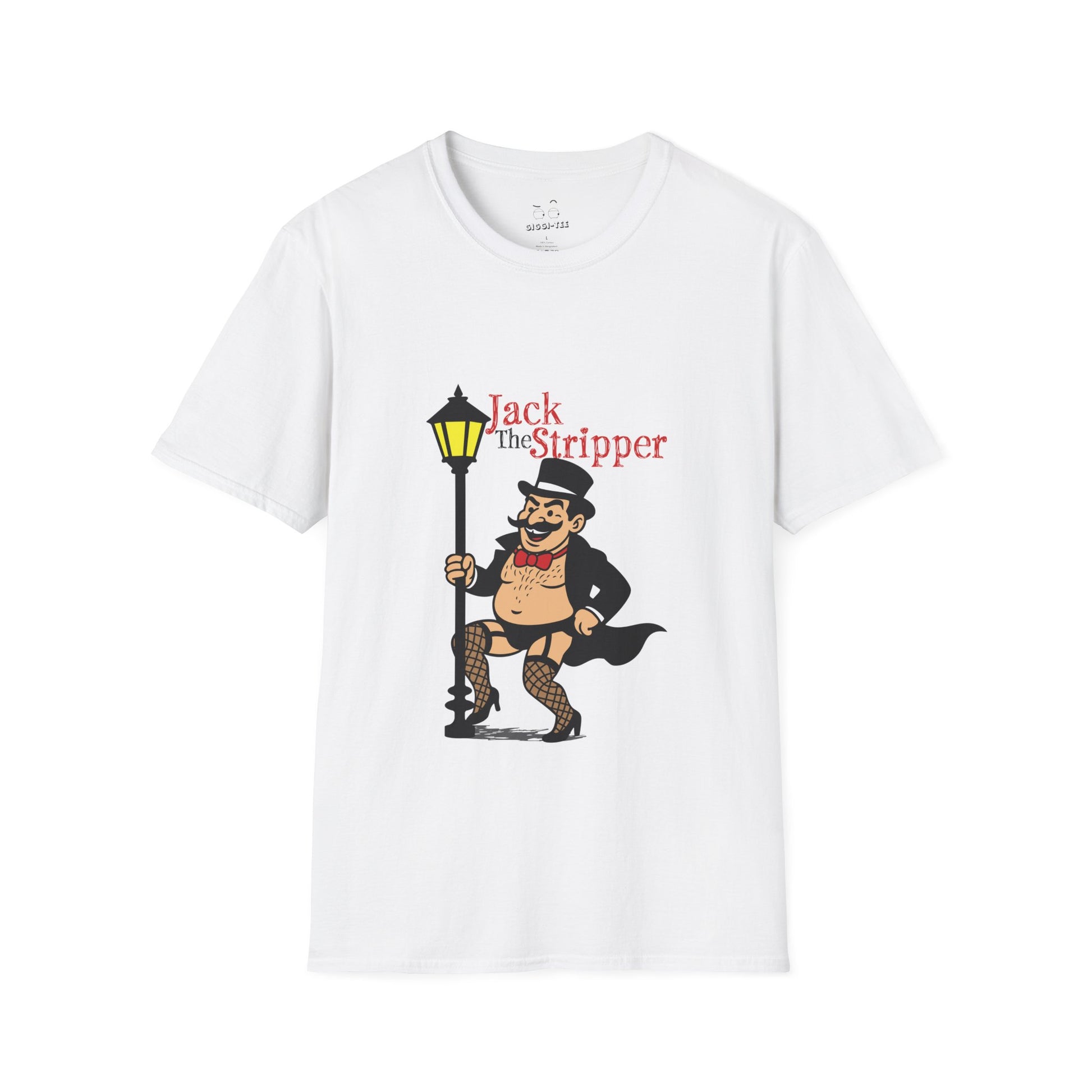 Illustration of Jack the Ripper pole dancing on a Victorian-style streetlamp, parody design titled "Jack the Stripper.