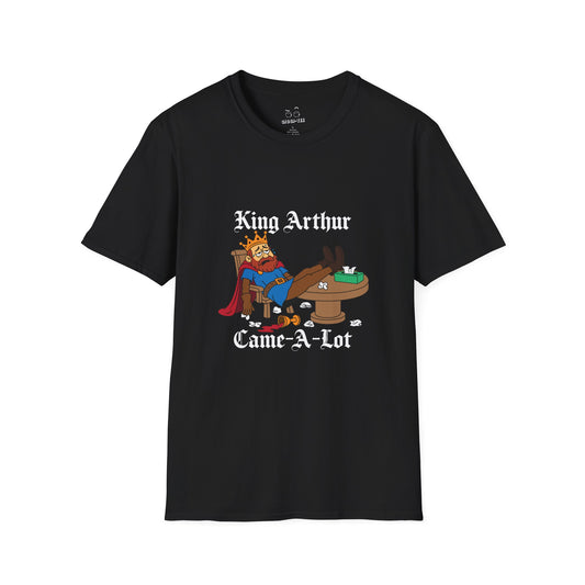 Cartoon illustration of King Arthur slumped at the Round Table with tissues everywhere, parody text “King Arthur Came a Lot” in medieval font.