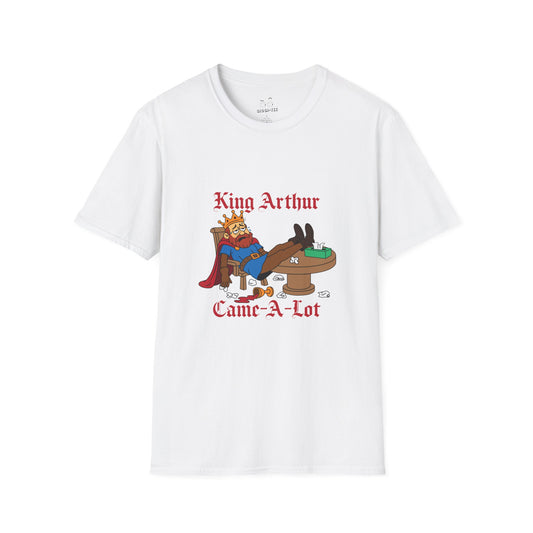 Cartoon illustration of King Arthur slumped at the Round Table with tissues everywhere, parody text “King Arthur Came a Lot” in medieval font.