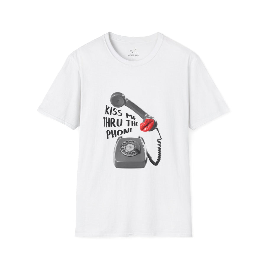 Kiss Me Thru the Phone t-shirt with rotary phone and lips, Soulja Boy inspired shirt, funny music parody tee.