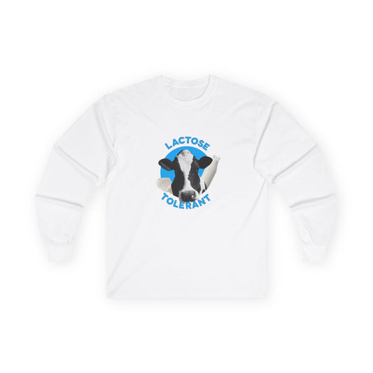 Lactose Tolerant t-shirt featuring cow illustration with milk bottle and cheese, funny dairy lover shirt for men and women.