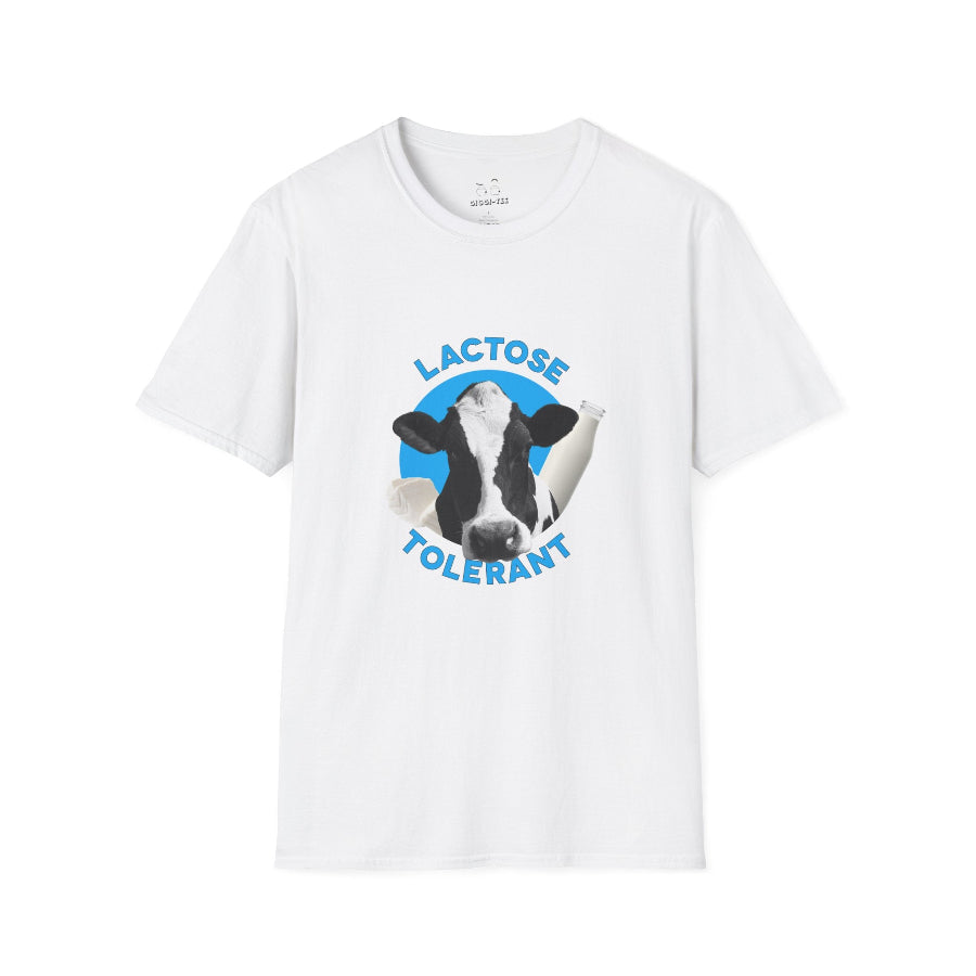 Lactose Tolerant t-shirt featuring cow illustration with milk bottle and cheese, funny dairy lover shirt for men and women.