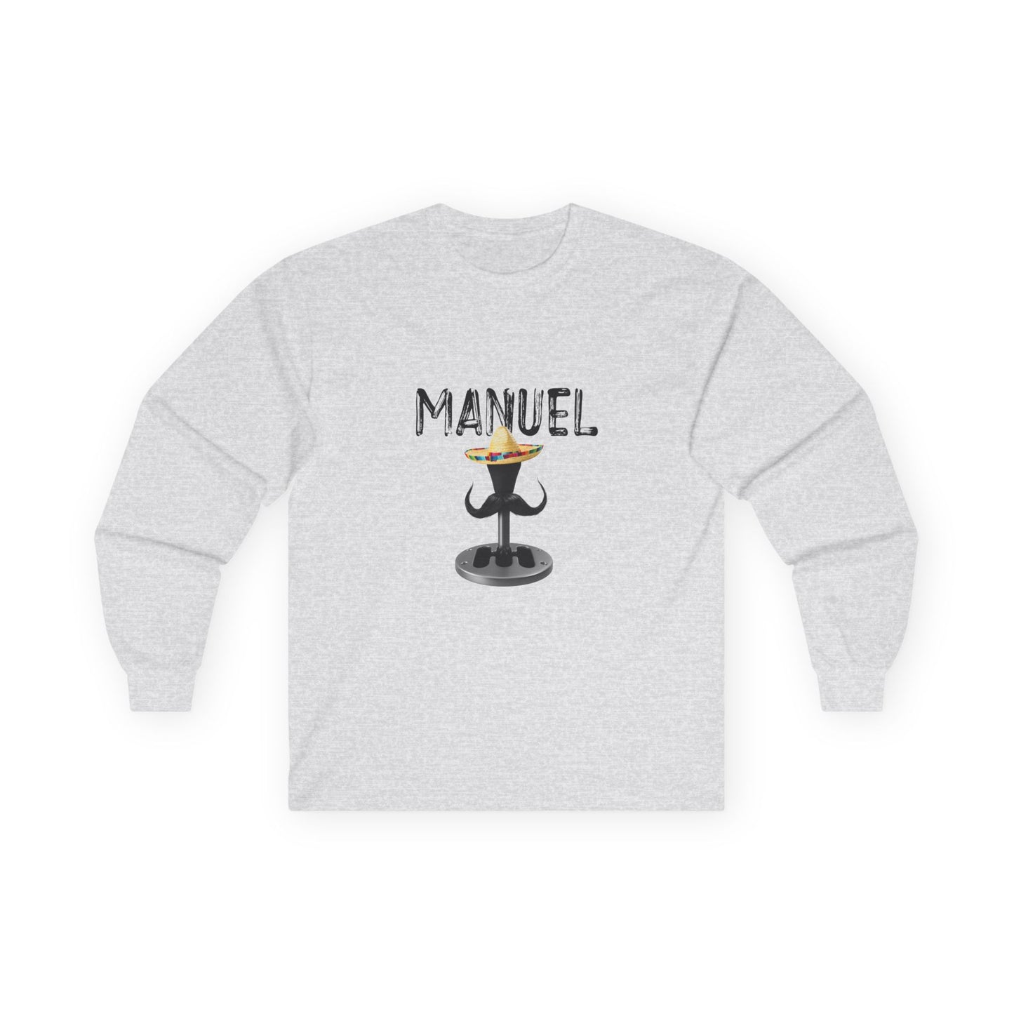 Manuel parody long sleeve shirt featuring a manual transmission wearing a sombrero with a large Mexican mustache, cartoon-style automotive humor