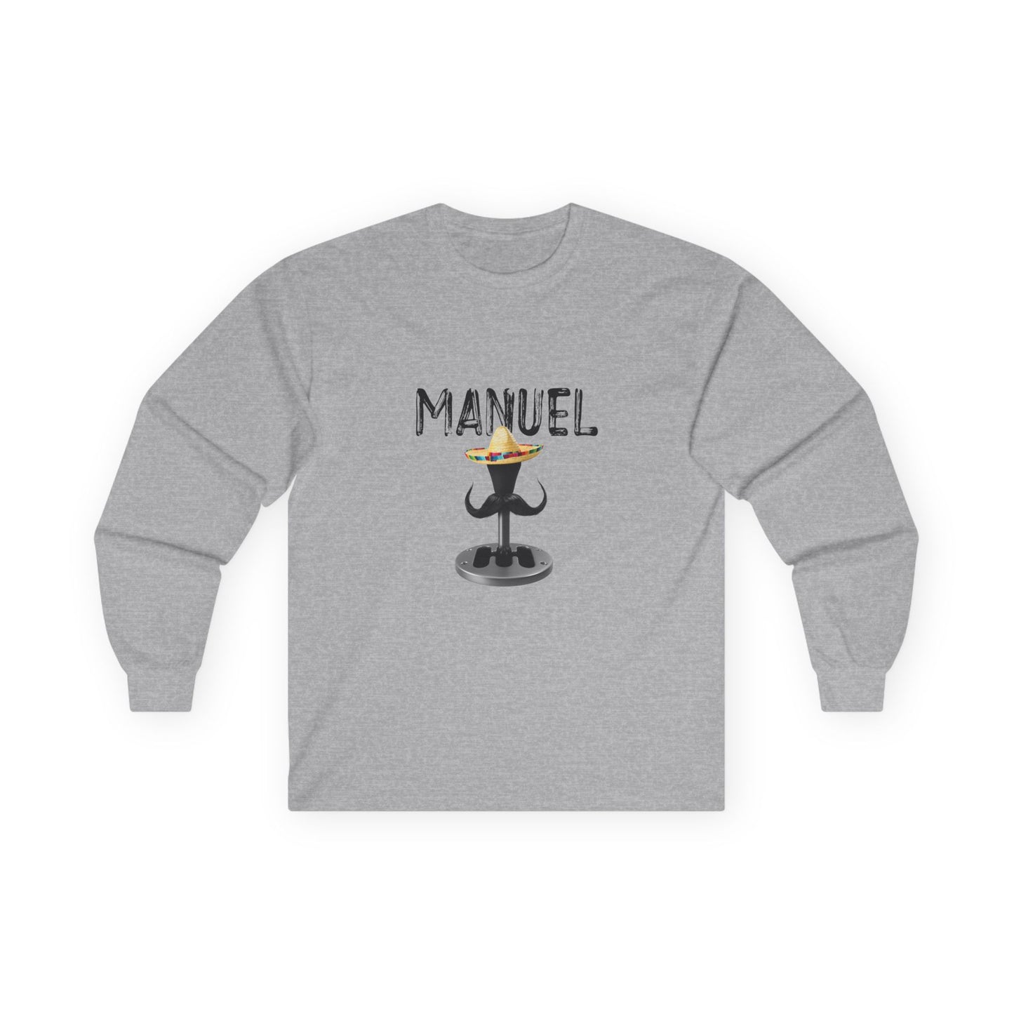 Manuel parody long sleeve shirt featuring a manual transmission wearing a sombrero with a large Mexican mustache, cartoon-style automotive humor