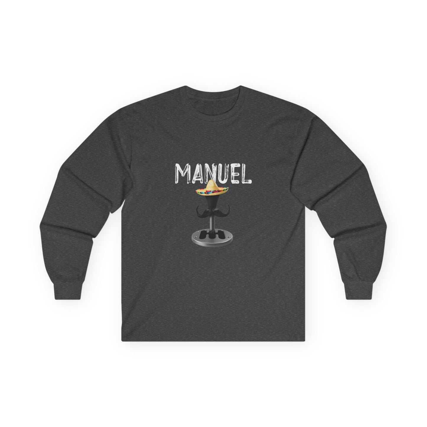 Manuel parody long sleeve shirt featuring a manual transmission wearing a sombrero with a large Mexican mustache, cartoon-style automotive humor
