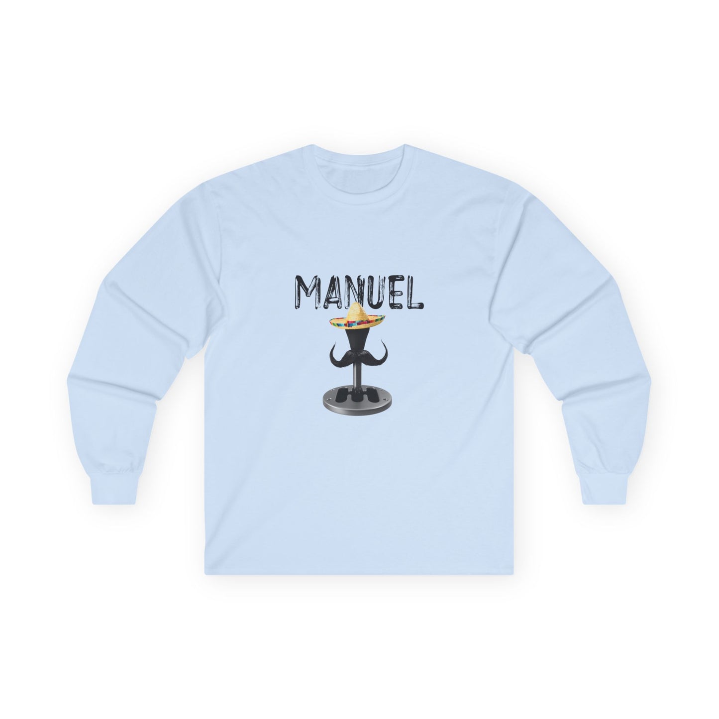 Manuel parody long sleeve shirt featuring a manual transmission wearing a sombrero with a large Mexican mustache, cartoon-style automotive humor