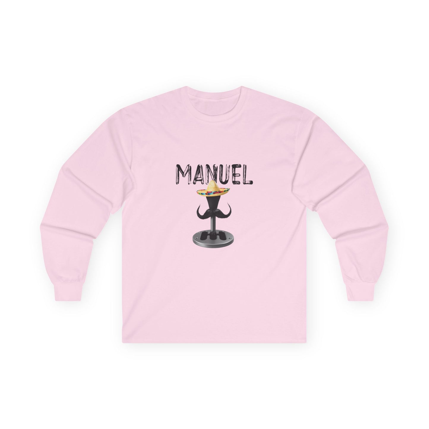 Manuel parody long sleeve shirt featuring a manual transmission wearing a sombrero with a large Mexican mustache, cartoon-style automotive humor