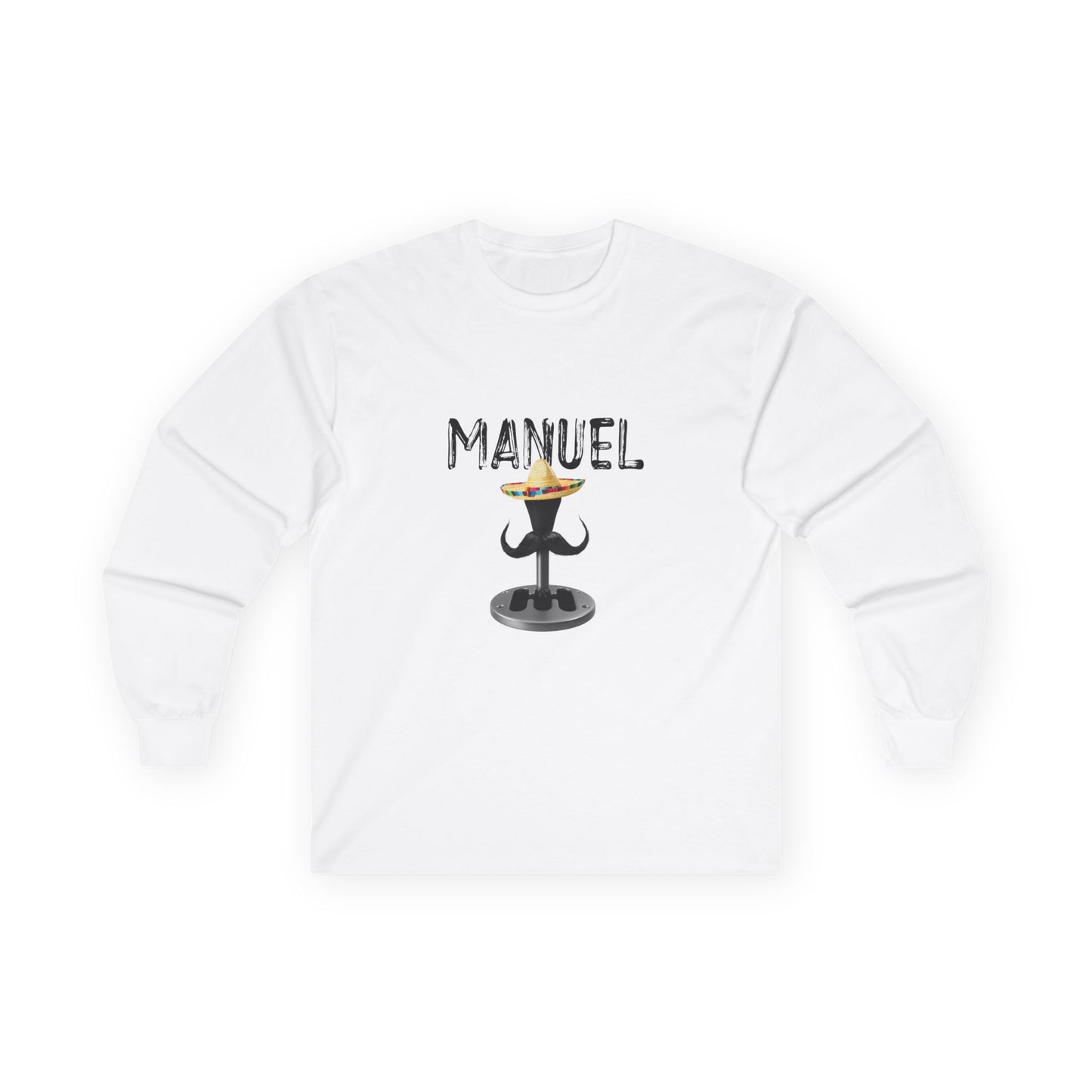 Manuel parody long sleeve shirt featuring a manual transmission wearing a sombrero with a large Mexican mustache, cartoon-style automotive humor