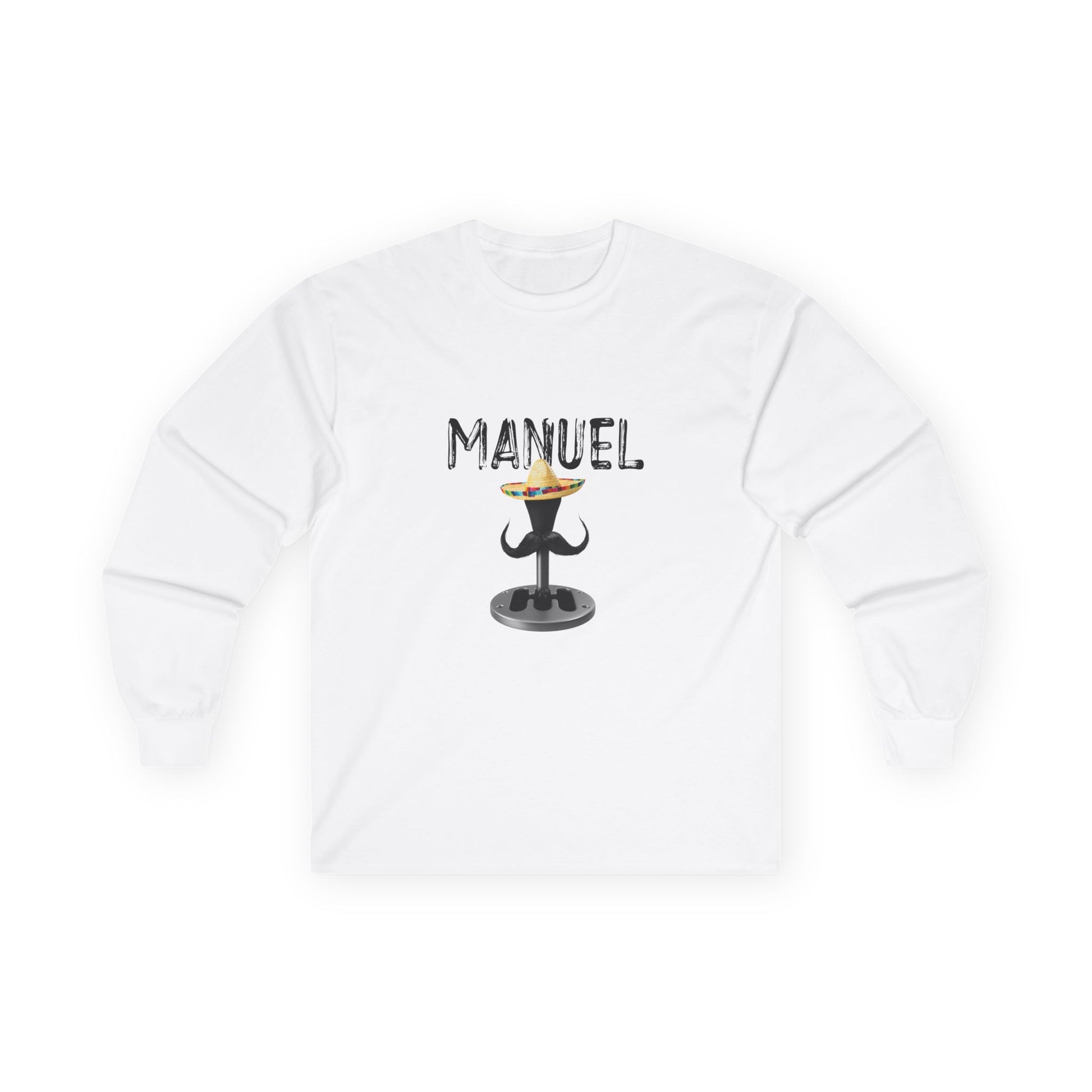 Manuel parody long sleeve shirt featuring a manual transmission wearing a sombrero with a large Mexican mustache, cartoon-style automotive humor