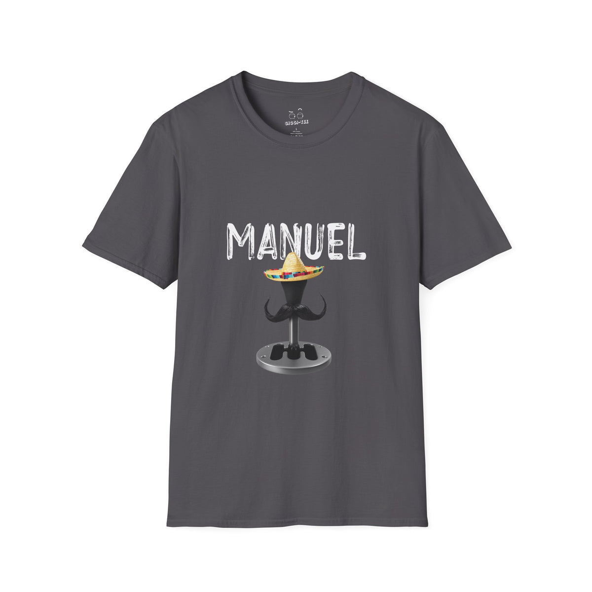 Manuel parody shirt featuring a manual transmission wearing a sombrero with a large Mexican mustache, cartoon-style automotive humor
