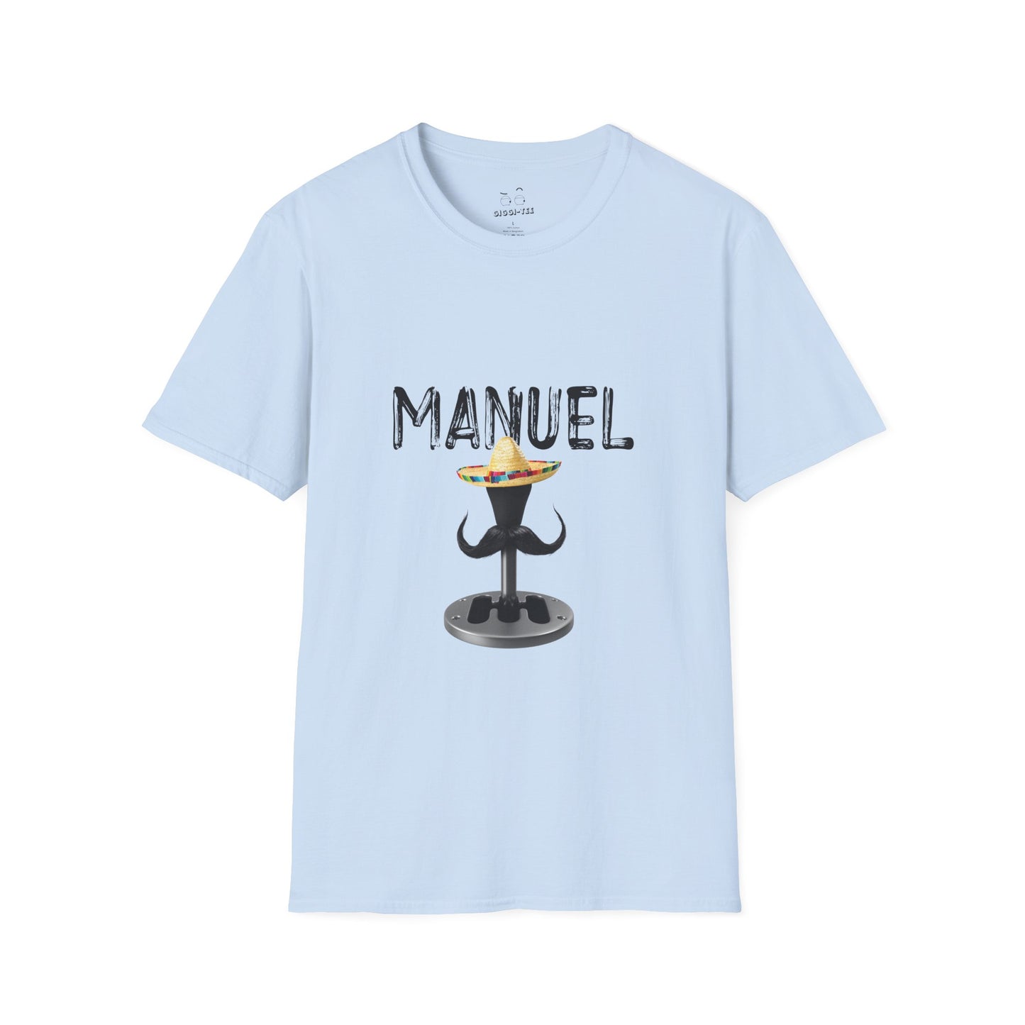 A manual transmission wearing a sombrero with a large Mexican mustache, cartoon-style automotive humor