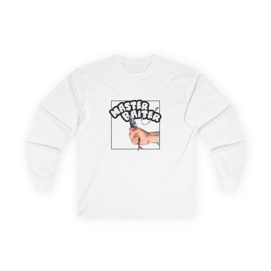 Funny pun design showing a hand holding a fish suggestively, with the phrase “Master Baiter” for humorous effect on a t-shirt.