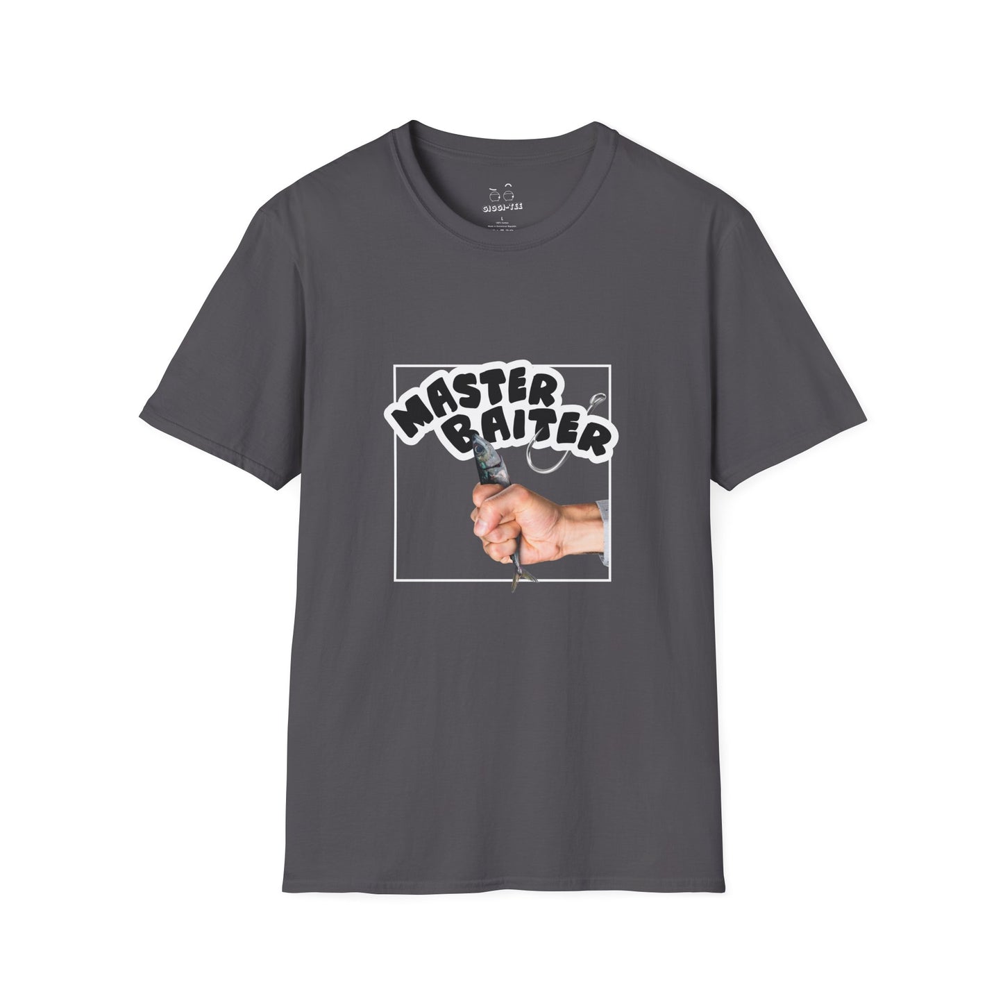 Funny pun design showing a hand holding a fish suggestively, with the phrase “Master Baiter” for humorous effect on a t-shirt.