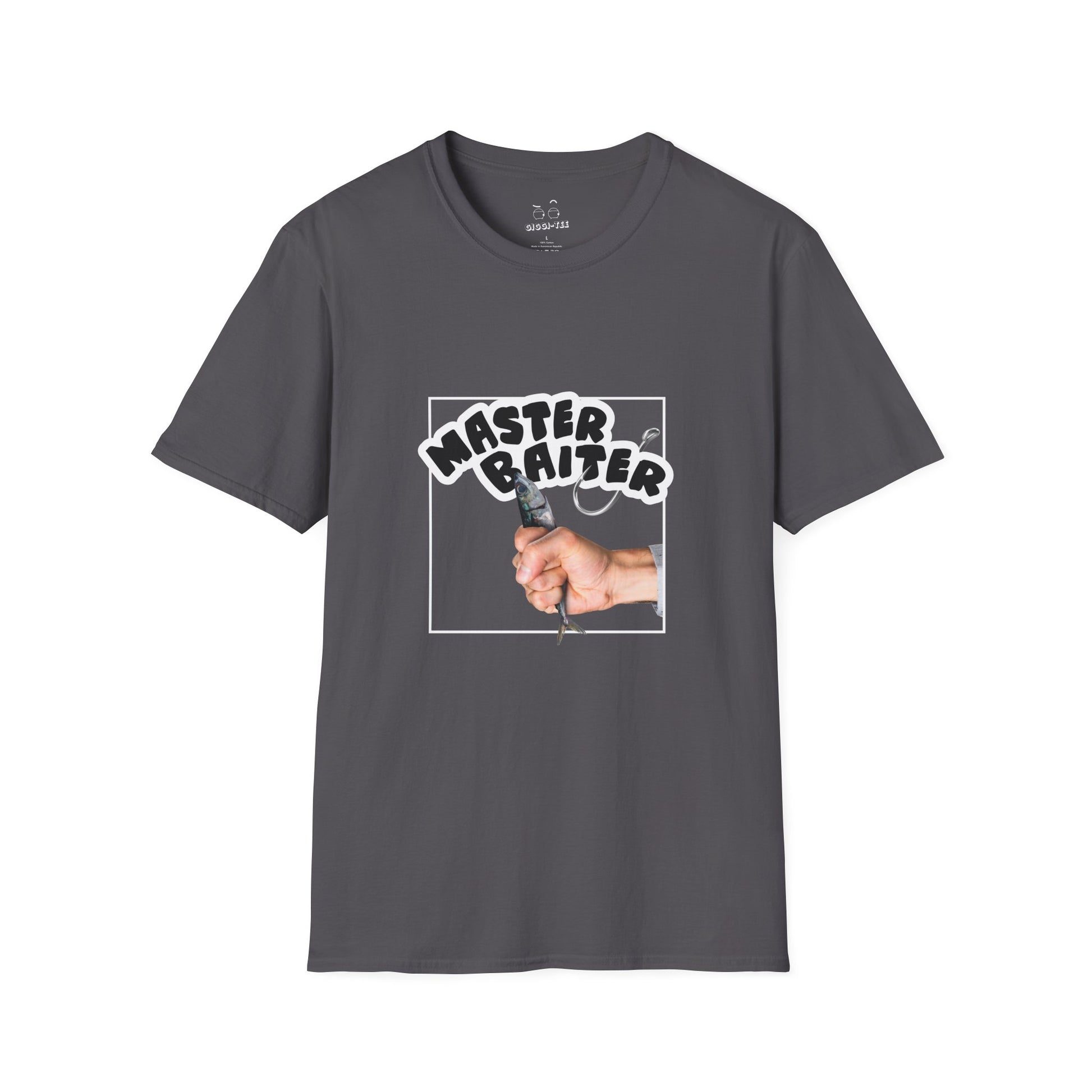 Funny pun design showing a hand holding a fish suggestively, with the phrase “Master Baiter” for humorous effect on a t-shirt.