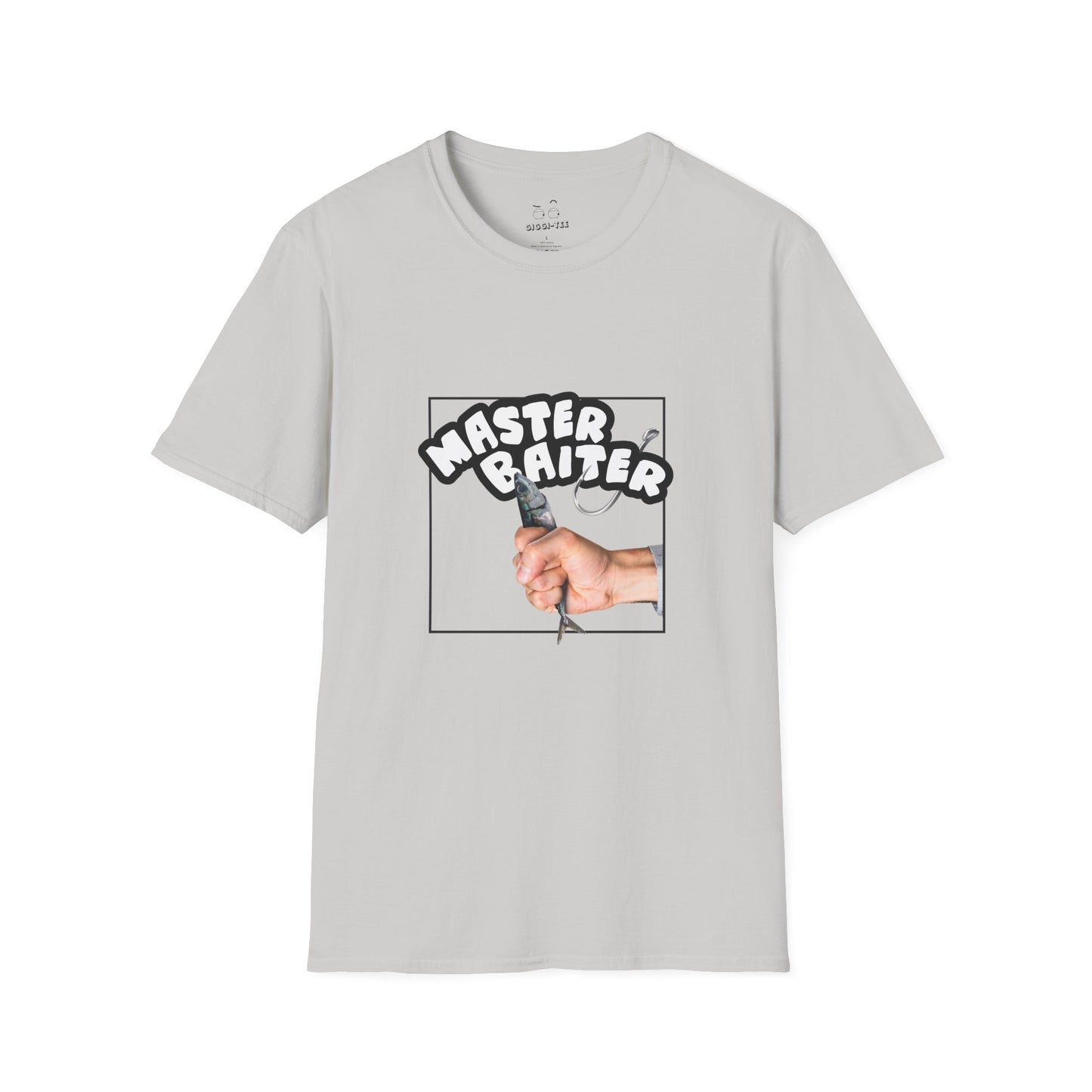 Funny pun design showing a hand holding a fish suggestively, with the phrase “Master Baiter” for humorous effect on a t-shirt.