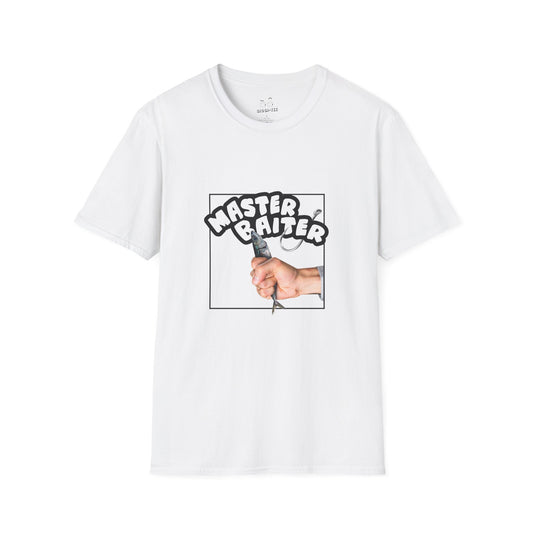Funny pun design showing a hand holding a fish suggestively, with the phrase “Master Baiter” for humorous effect on a t-shirt.