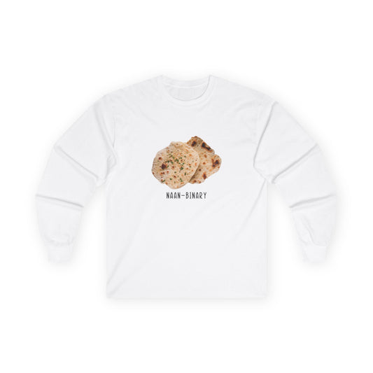 T-shirt with Naan Binary design featuring two pieces of naan bread as a pun on non-binary.