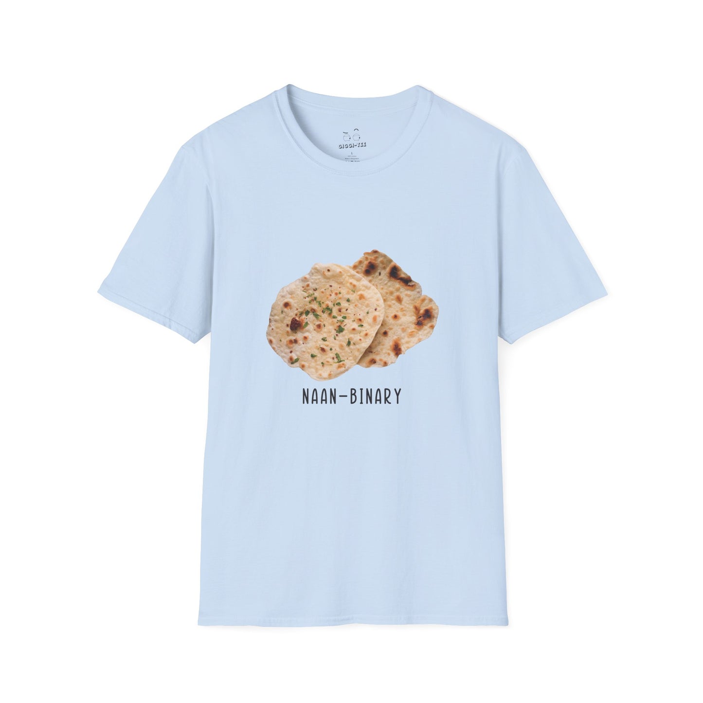 T-shirt with Naan Binary design featuring two pieces of naan bread as a pun on non-binary.
