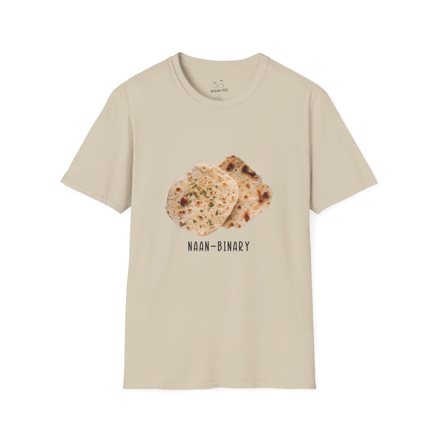 T-shirt with Naan Binary design featuring two pieces of naan bread as a pun on non-binary.