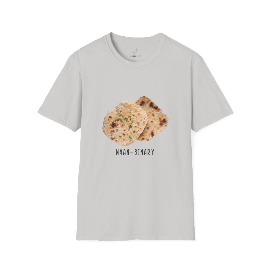 T-shirt with Naan Binary design featuring two pieces of naan bread as a pun on non-binary.