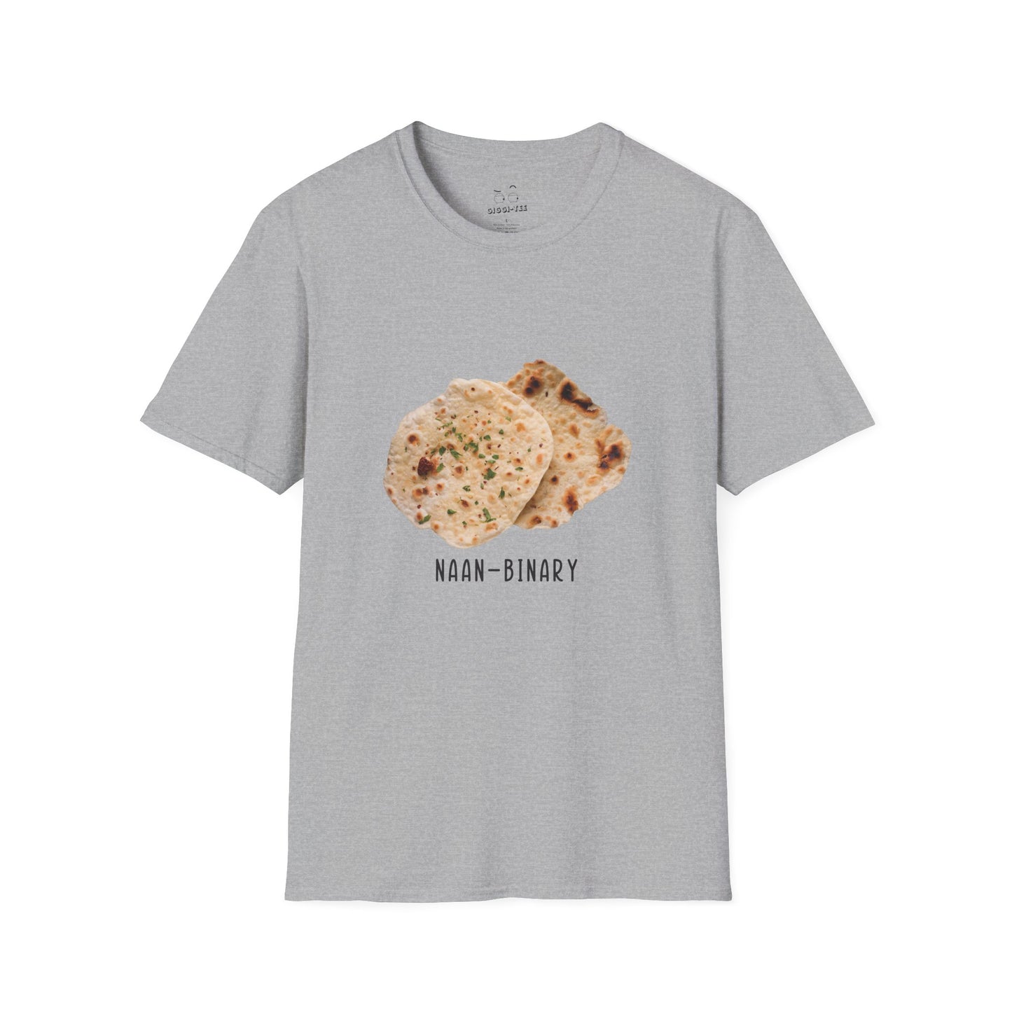 T-shirt with Naan Binary design featuring two pieces of naan bread as a pun on non-binary.
