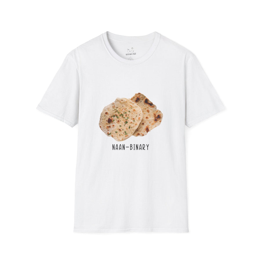 T-shirt with Naan Binary design featuring two pieces of naan bread as a pun on non-binary.