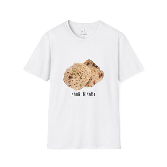 T-shirt with Naan Binary design featuring two pieces of naan bread as a pun on non-binary.