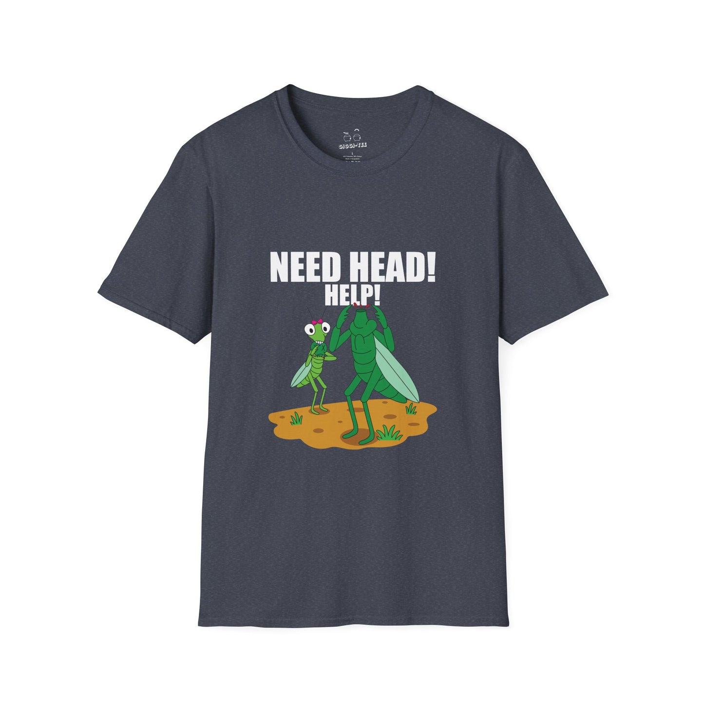 Dark humor t-shirt design of a headless male praying mantis panicking while a female mantis eats his head, with the text ‘Help, Need Head’, a twisted insect mating wordplay joke
