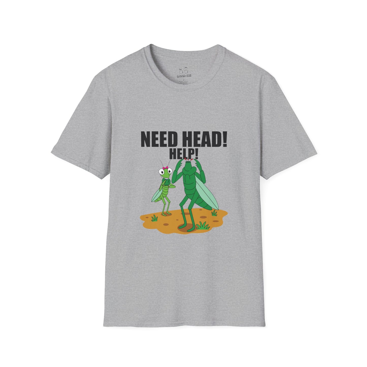 Dark humor t-shirt design of a headless male praying mantis panicking while a female mantis eats his head, with the text ‘Help, Need Head’, a twisted insect mating wordplay joke