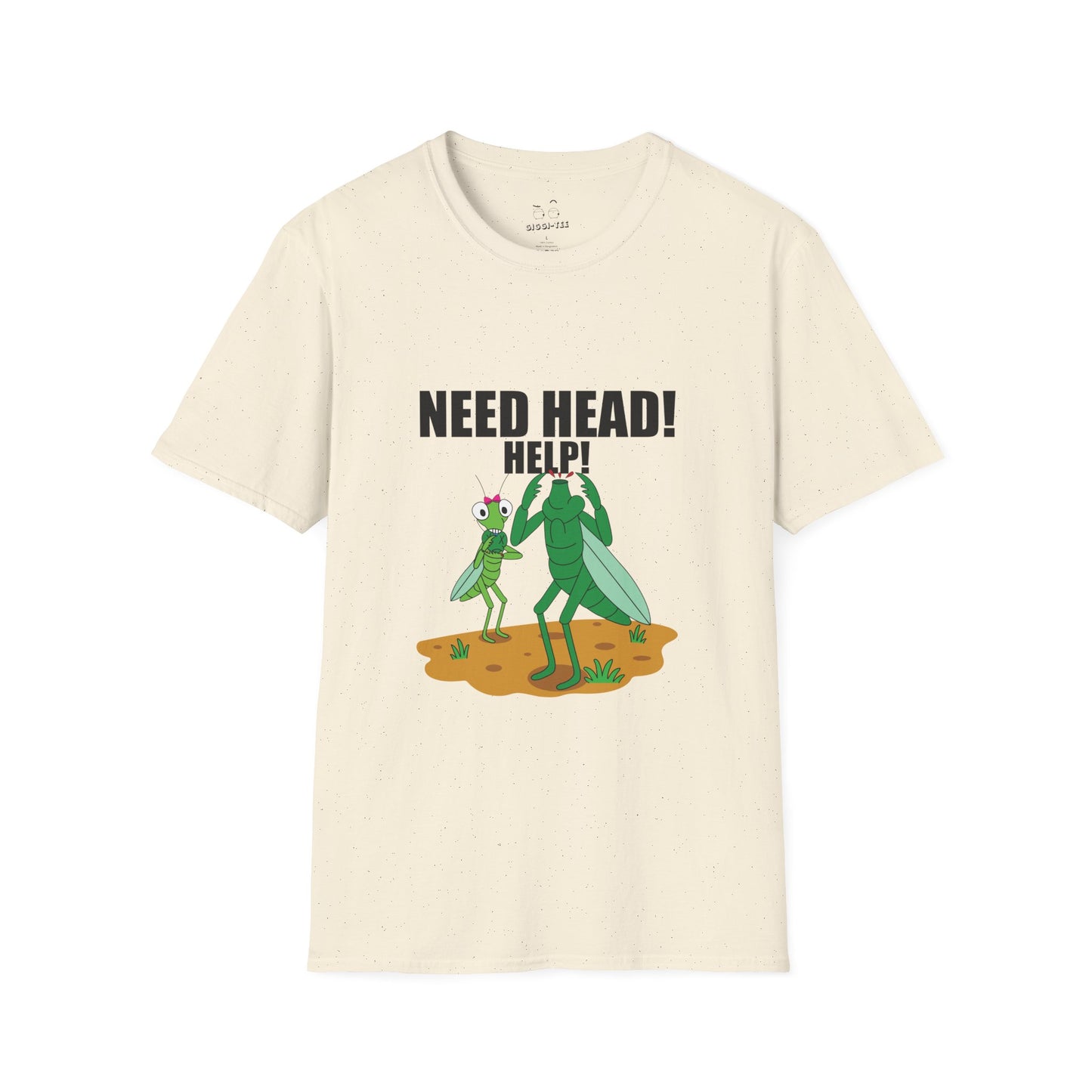 Dark humor t-shirt design of a headless male praying mantis panicking while a female mantis eats his head, with the text ‘Help, Need Head’, a twisted insect mating wordplay joke