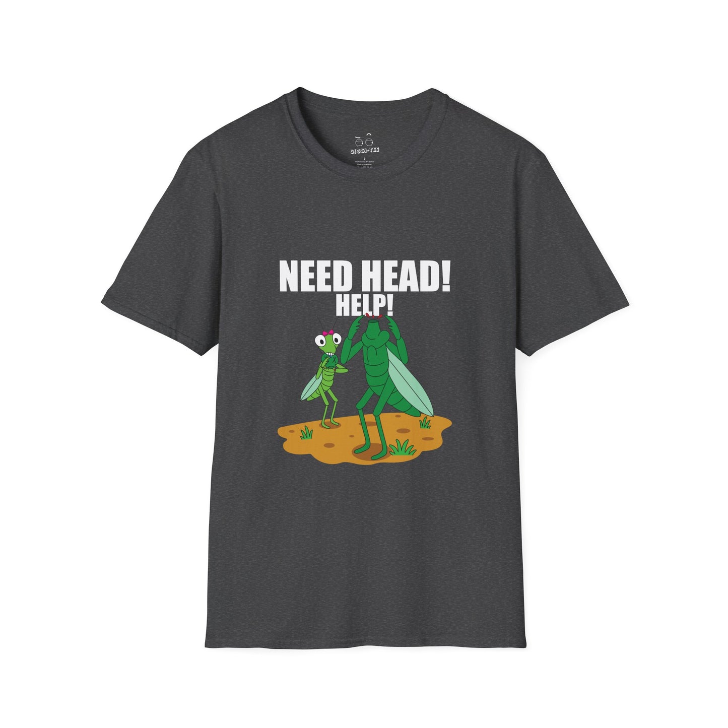 Dark humor t-shirt design of a headless male praying mantis panicking while a female mantis eats his head, with the text ‘Help, Need Head’, a twisted insect mating wordplay joke
