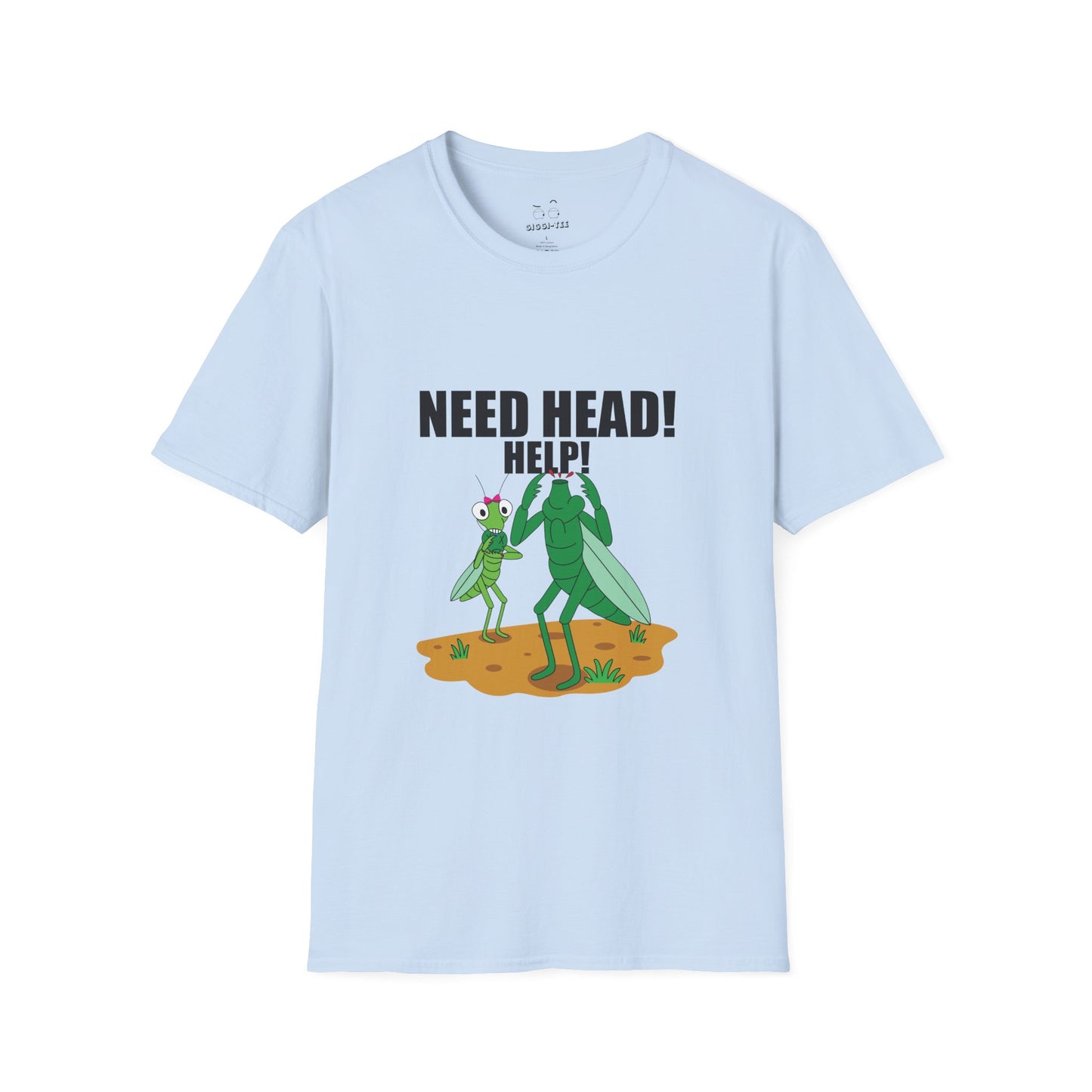 Dark humor t-shirt design of a headless male praying mantis panicking while a female mantis eats his head, with the text ‘Help, Need Head’, a twisted insect mating wordplay joke