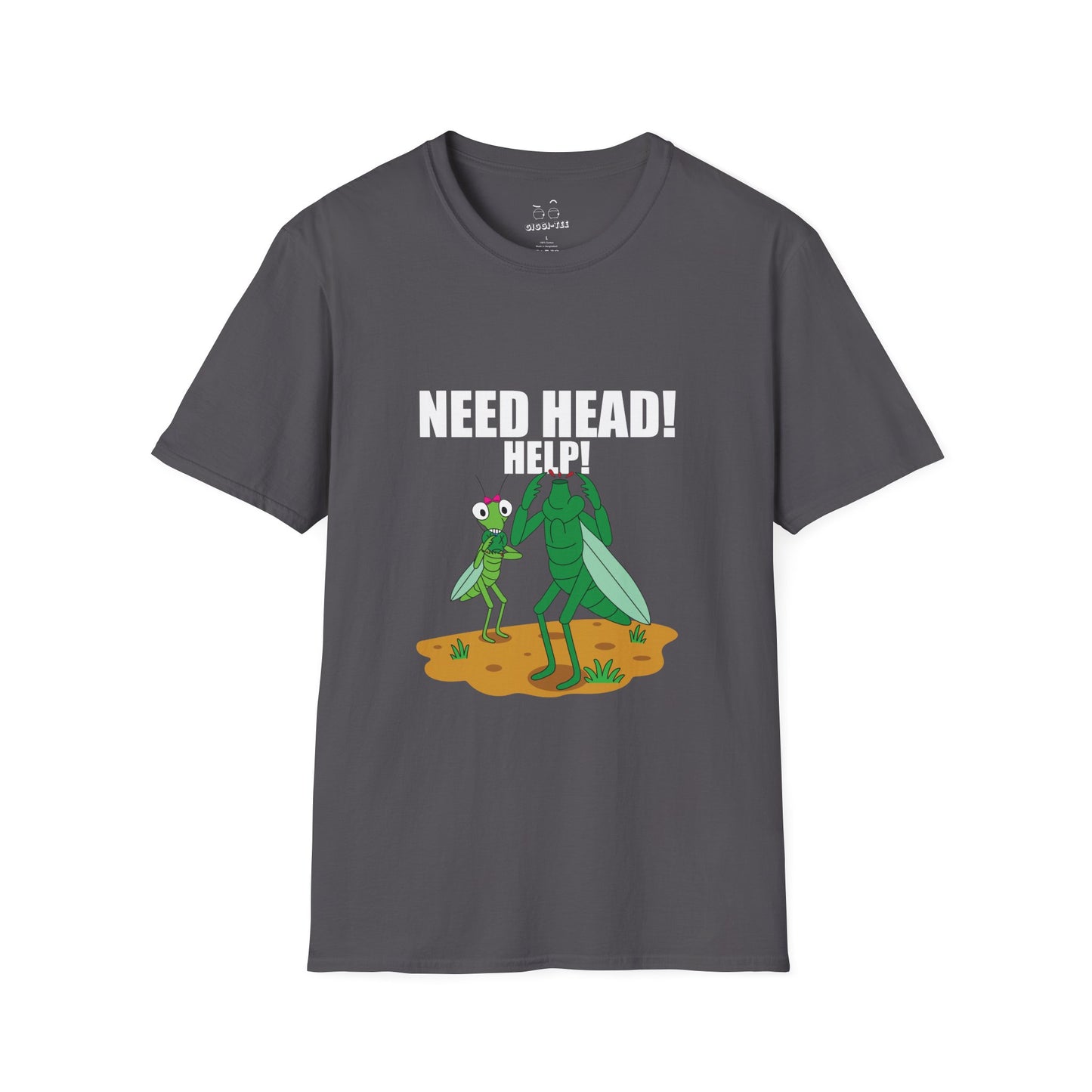 Dark humor t-shirt design of a headless male praying mantis panicking while a female mantis eats his head, with the text ‘Help, Need Head’, a twisted insect mating wordplay joke
