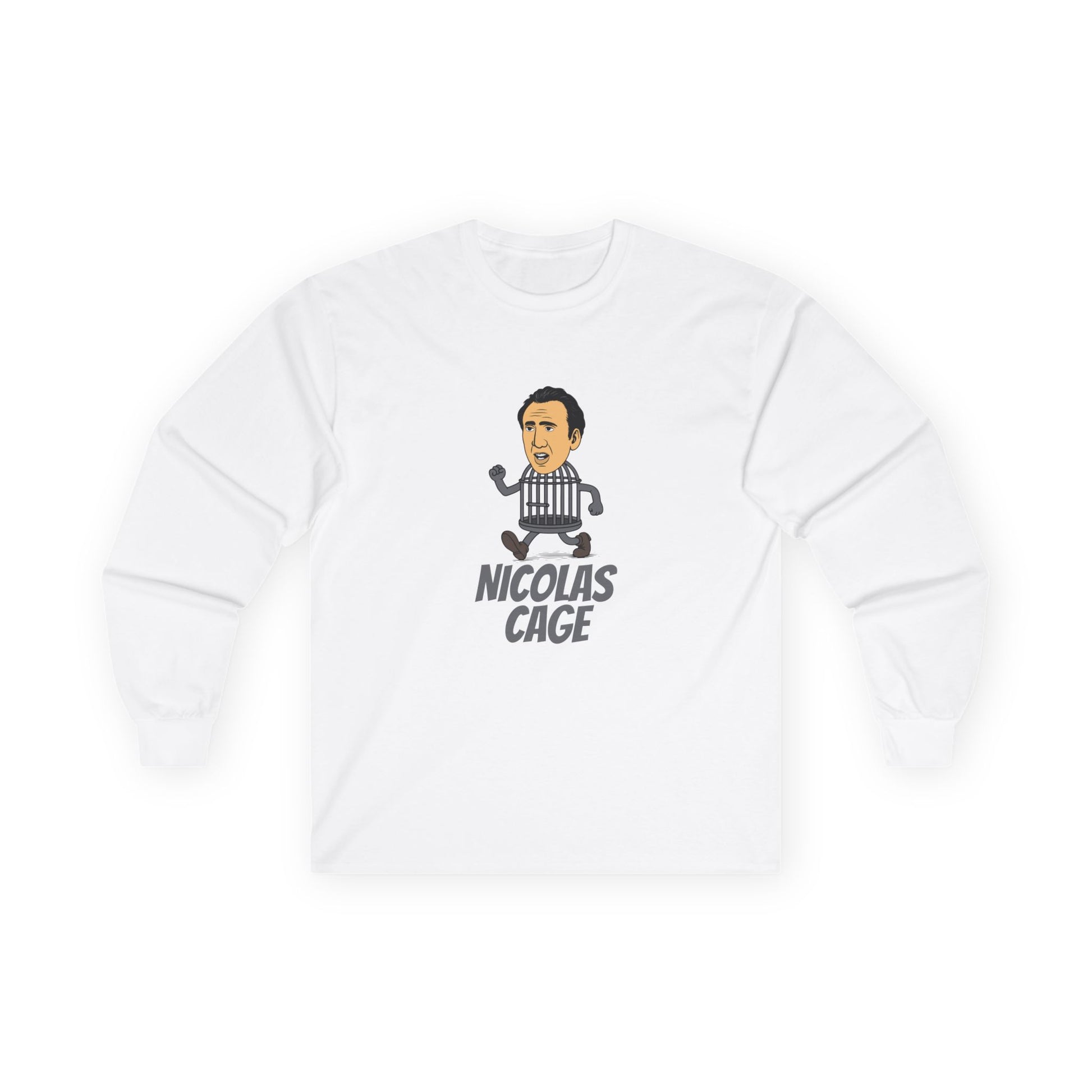 Nicolas Cage parody design featuring Nicolas Cage’s head on a metallic cage body, humorous pop culture mashup