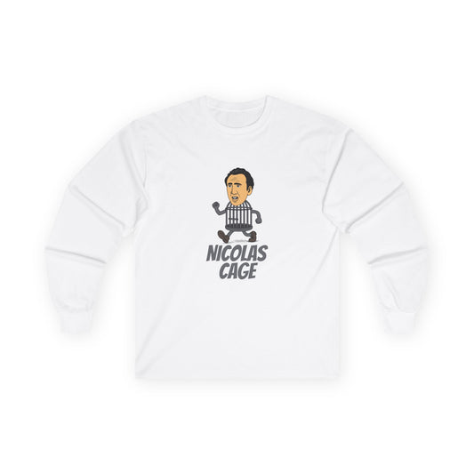 Nicolas Cage parody design featuring Nicolas Cage’s head on a metallic cage body, humorous pop culture mashup
