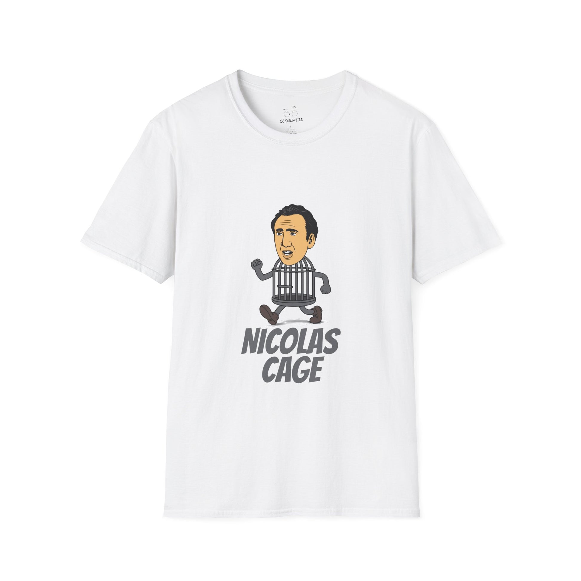 Nicolas Cage parody design featuring Nicolas Cage’s head on a metallic cage body, humorous pop culture mashup