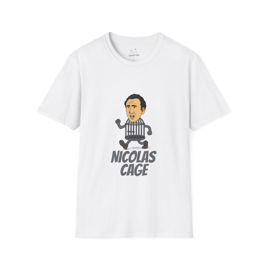 Nicolas Cage parody design featuring Nicolas Cage’s head on a metallic cage body, humorous pop culture mashup