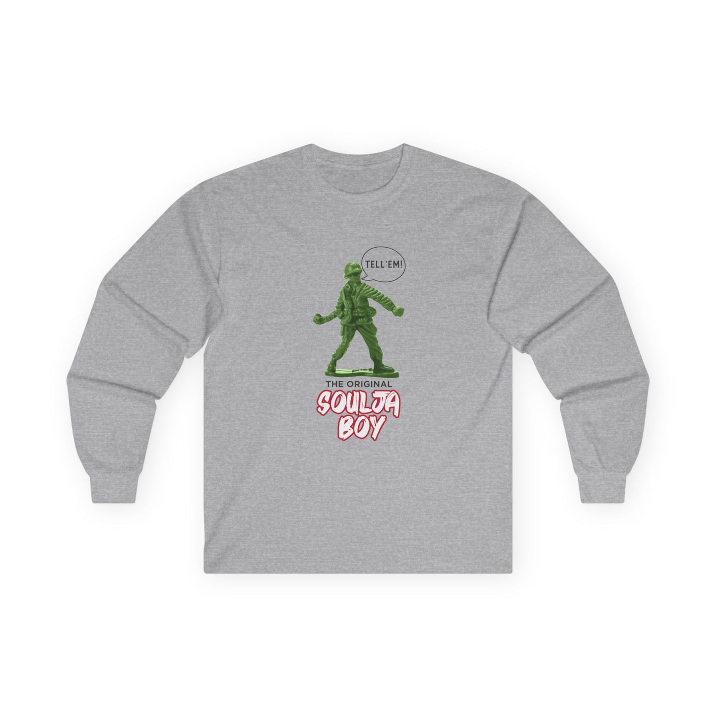 Green toy soldier with “Tell ‘Em” caption and ‘Original Soulja Boy’ text funny pun shirt mixing childhood toys and rap culture