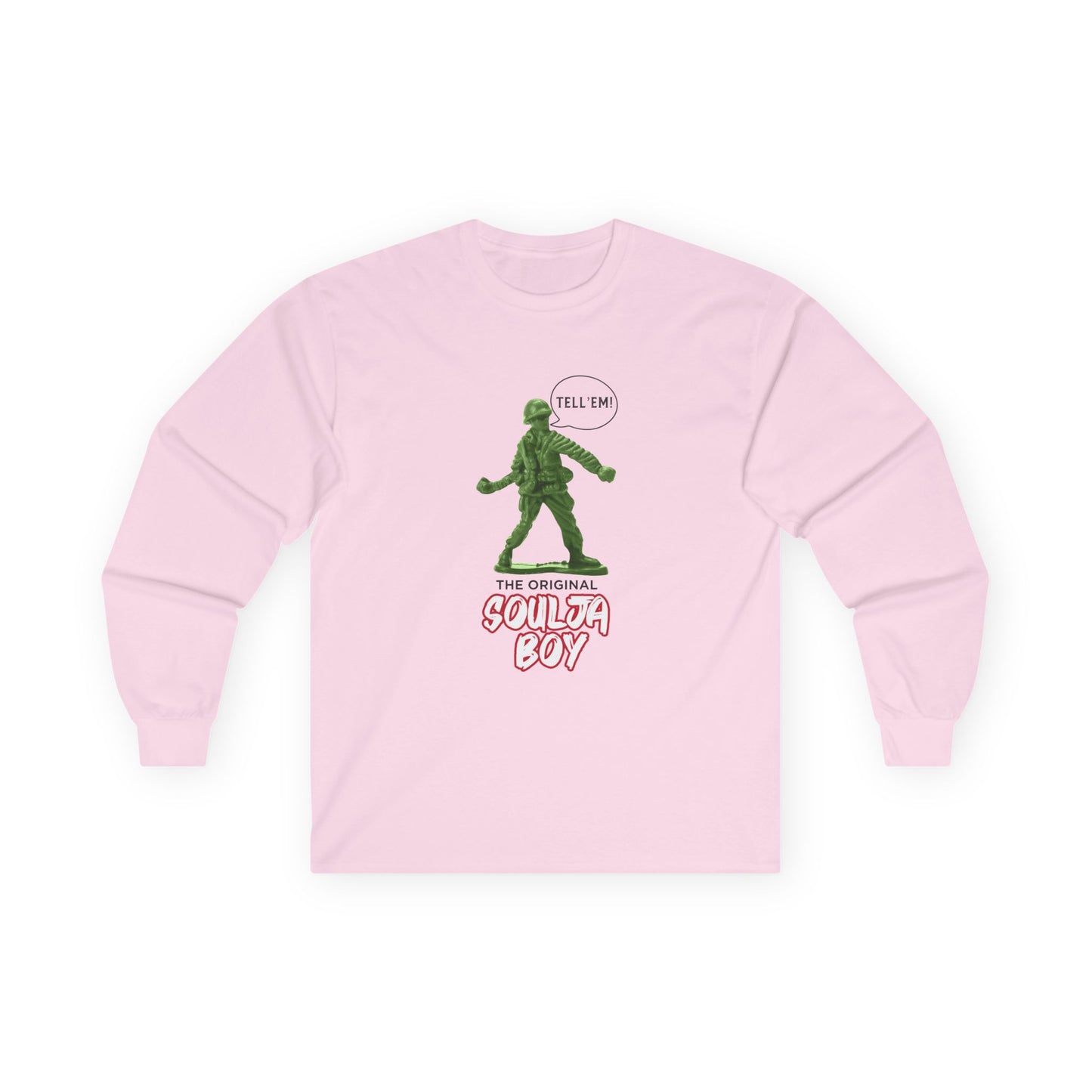 Green toy soldier with “Tell ‘Em” caption and ‘Original Soulja Boy’ text funny pun shirt mixing childhood toys and rap culture