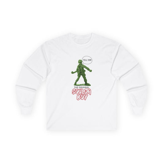 Green toy soldier with “Tell ‘Em” caption and ‘Original Soulja Boy’ text funny pun shirt mixing childhood toys and rap culture