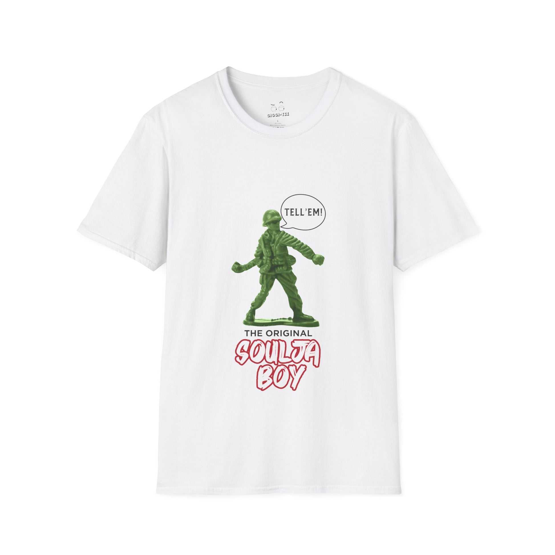 Green toy soldier with “Tell ‘Em” caption and ‘Original Soulja Boy’ text funny pun shirt mixing childhood toys and rap culture