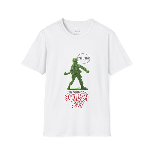 Green toy soldier with “Tell ‘Em” caption and ‘Original Soulja Boy’ text funny pun shirt mixing childhood toys and rap culture