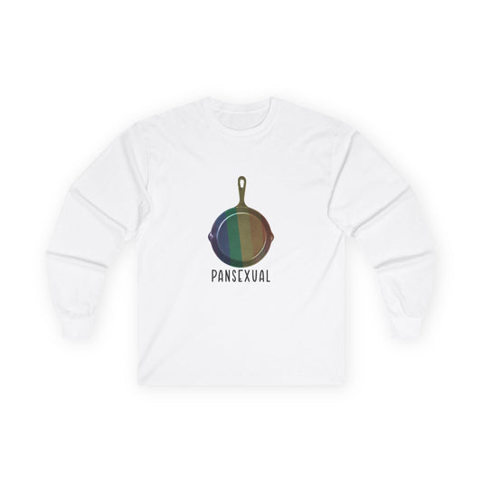 Pansexual shirt featuring a frying pan with a rainbow flag — because the joke wrote itself. Wear it hot.