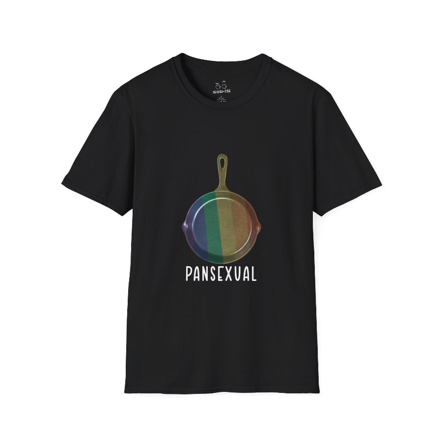Pansexual shirt featuring a frying pan with a rainbow flag — because the joke wrote itself. Wear it hot.